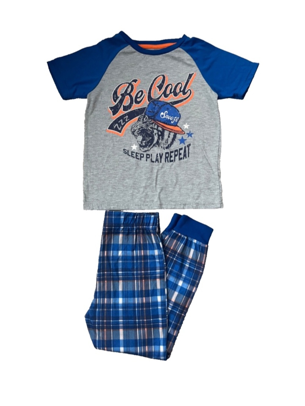 Sleep On It Boys Blue Baseball Top & Plaid Pajama Pants Set Size 6/7